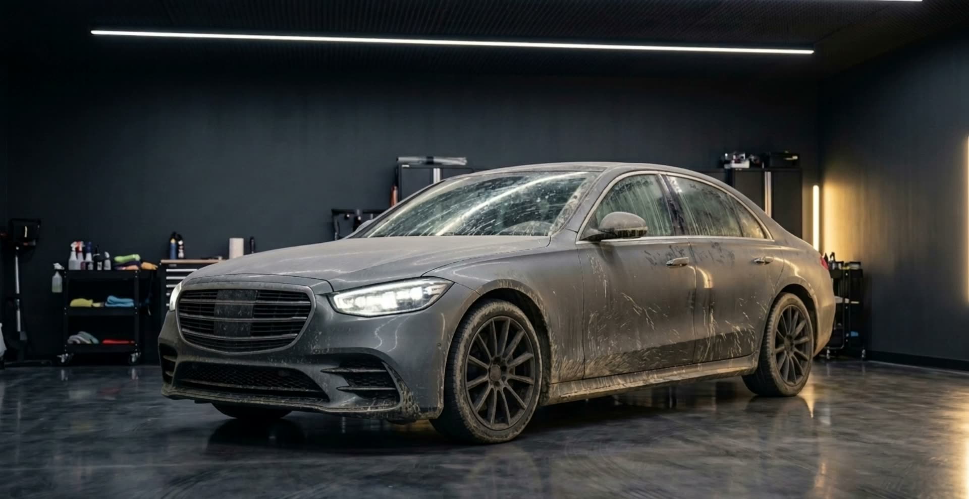 Auto voor de behandeling — modder, stof en waterspots
